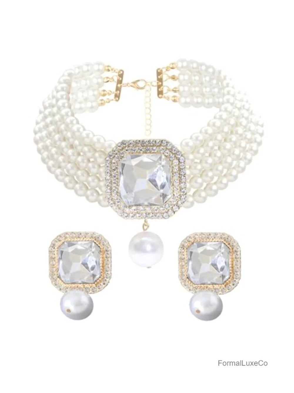Pearl Choker Necklace & Earrings Set Bridal Rhinestone